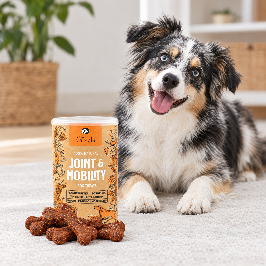 Tub of Joint and Mobility Dog Treats by Gizzls with treats on a cream background