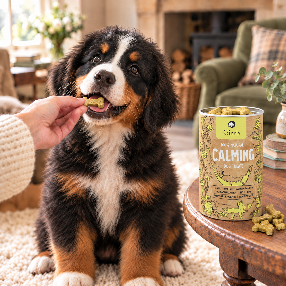 Bernese Mountain Dog puppy taking a bone-shaped treat from an open tub of Calming Dog Treats by Gizzls