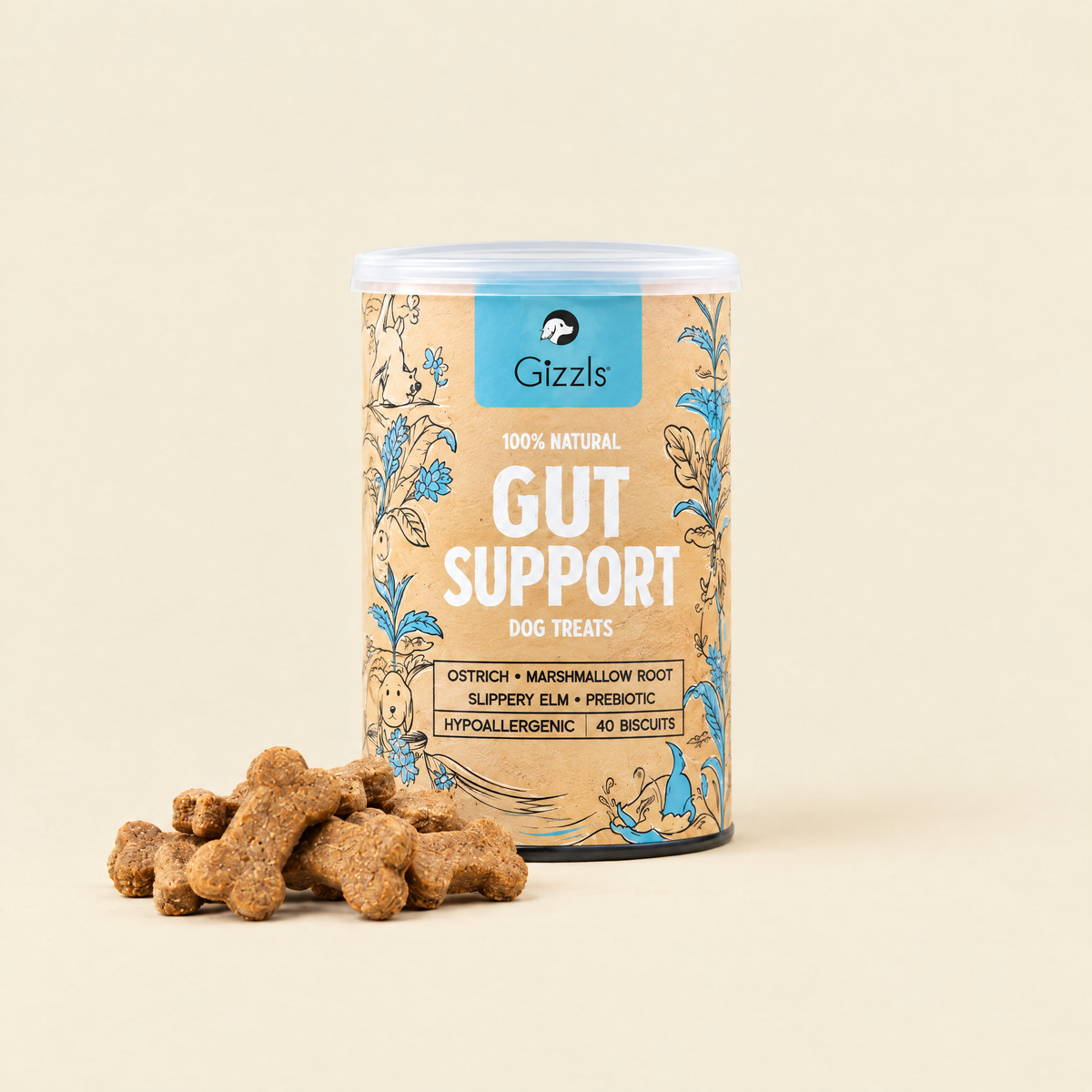 Tub of Gut Support Dog Treats by Gizzls with treats on a cream background