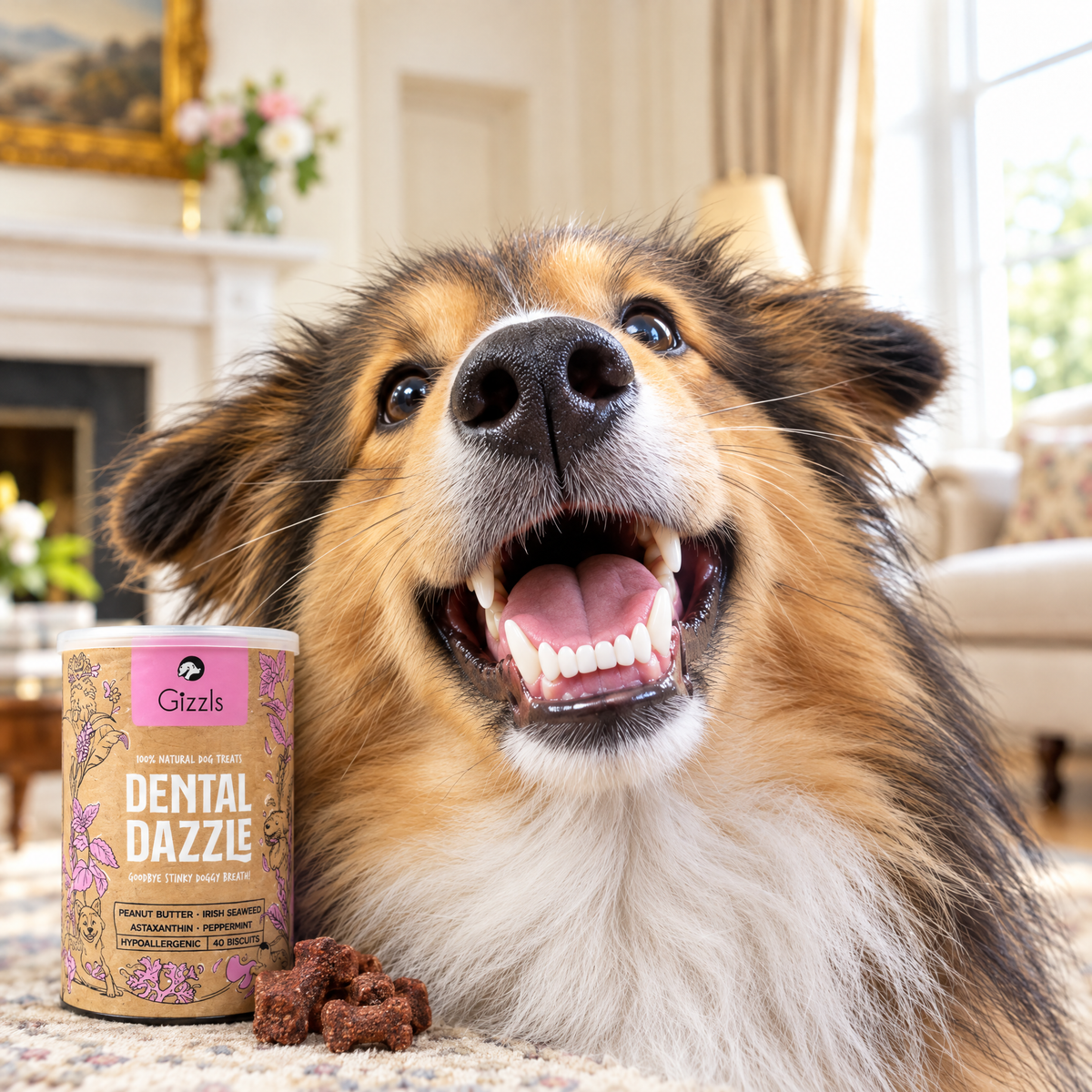 Shetland Sheepdog showing off clean, healthy teeth with a big smile