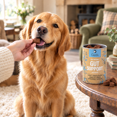 Golden Retriever taking a bone-shaped treat from an open tub of Gut Support Dog Treats by Gizzls