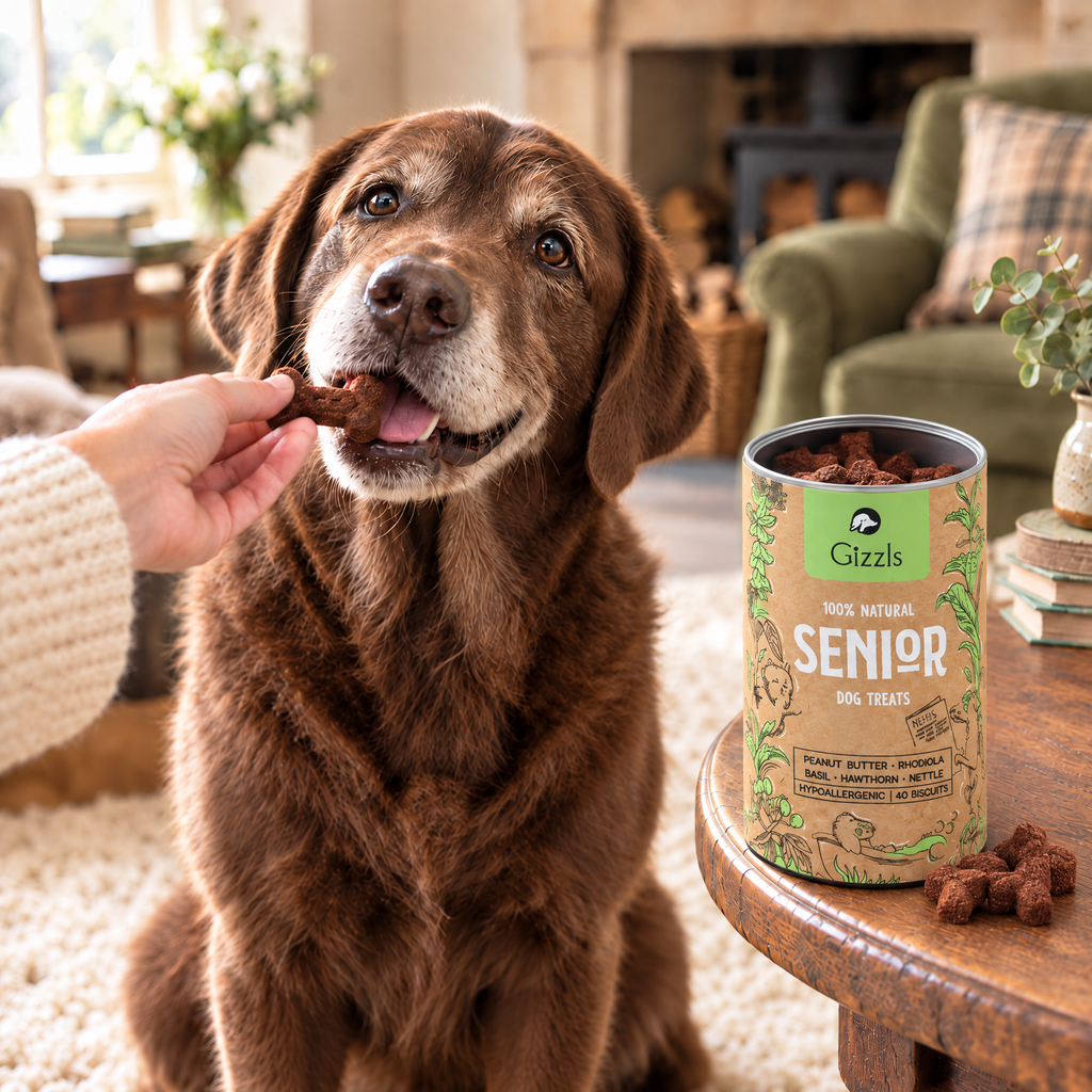 Senior chocolate Labrador taking a bone-shaped treat from an open tub of Senior Dog Treats by Gizzls