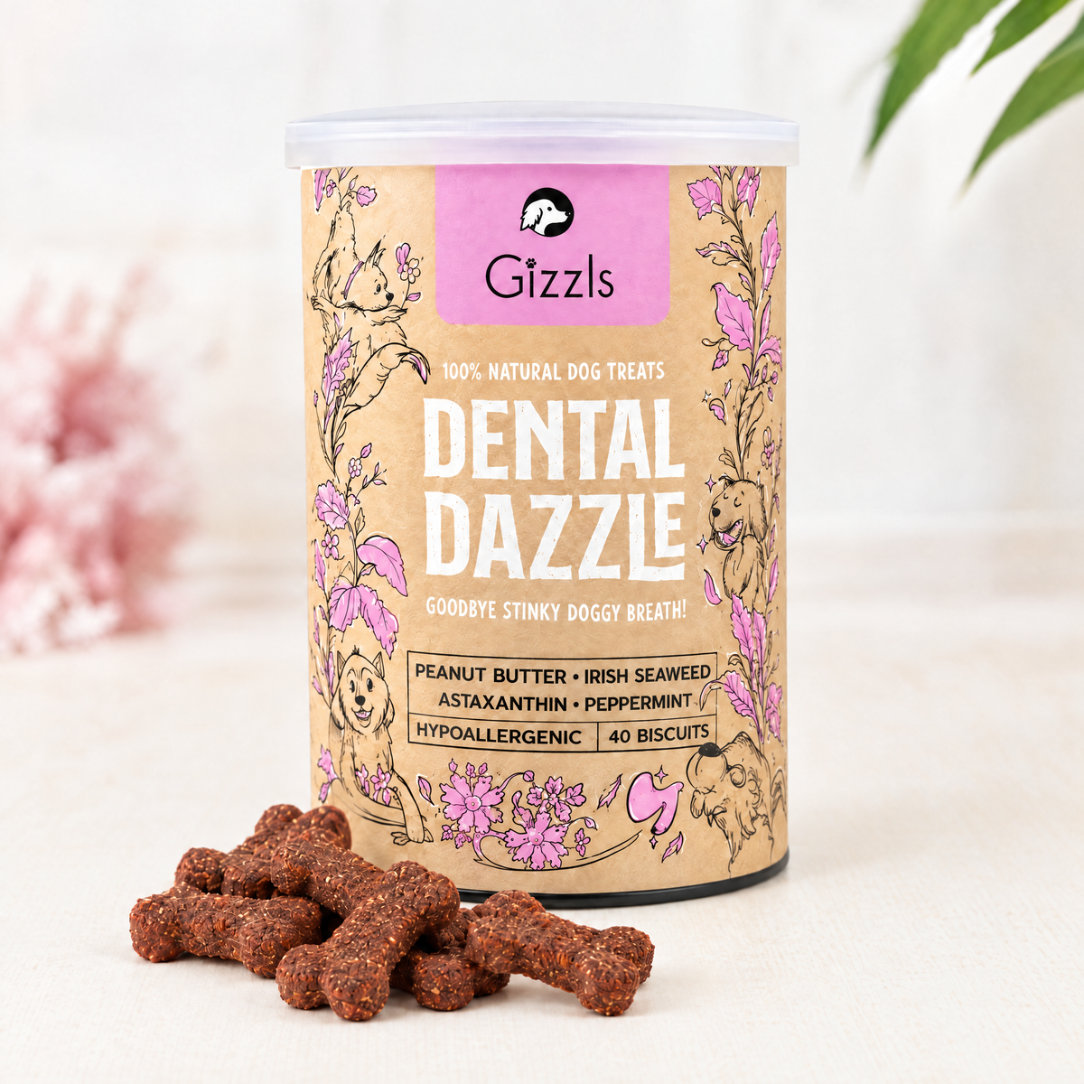 Tub of Dental Dazzle Dog Treats by Gizzls with treats on a cream background