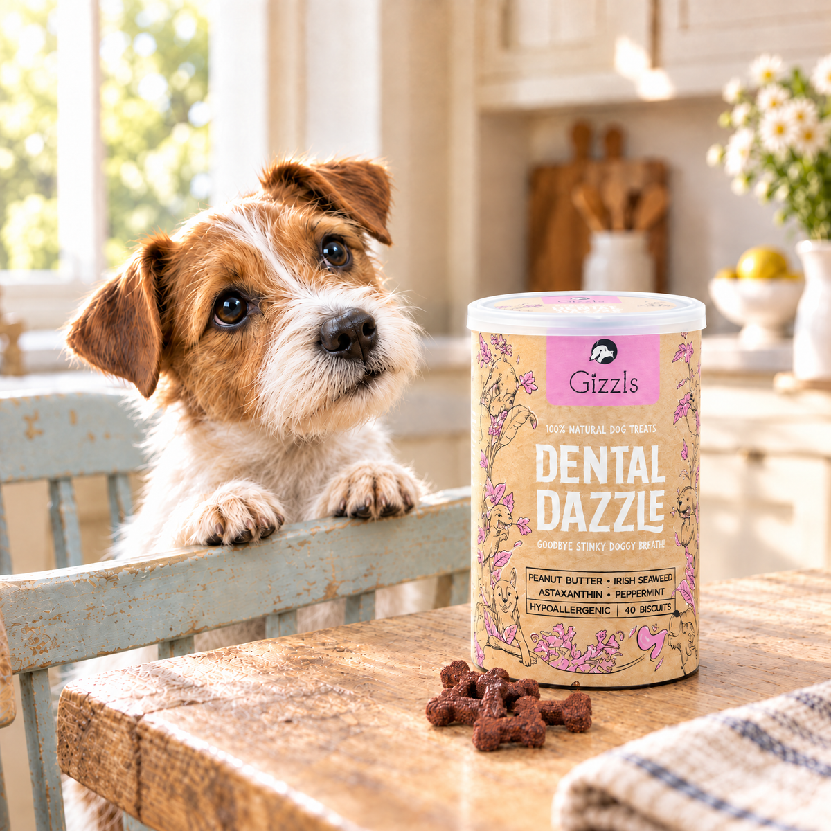 Jack Russell Terrier gazing longingly at a tub of Dental Dazzle Dog Treats by Gizzls