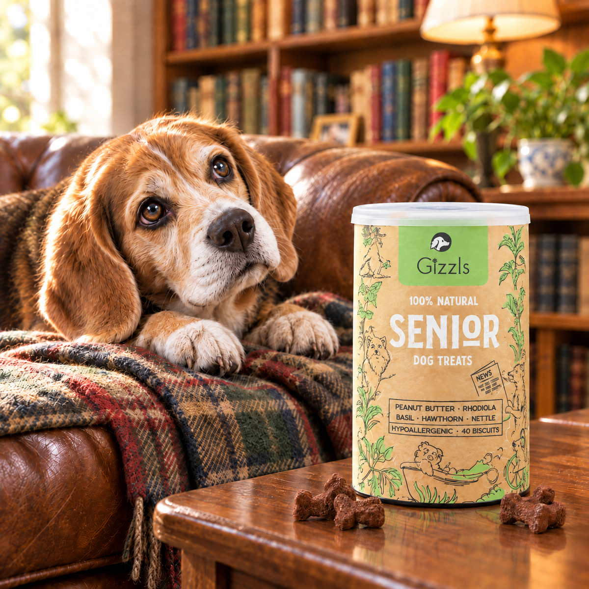 Senior Beagle gazing longingly at a tub of Senior Dog Treats by Gizzls