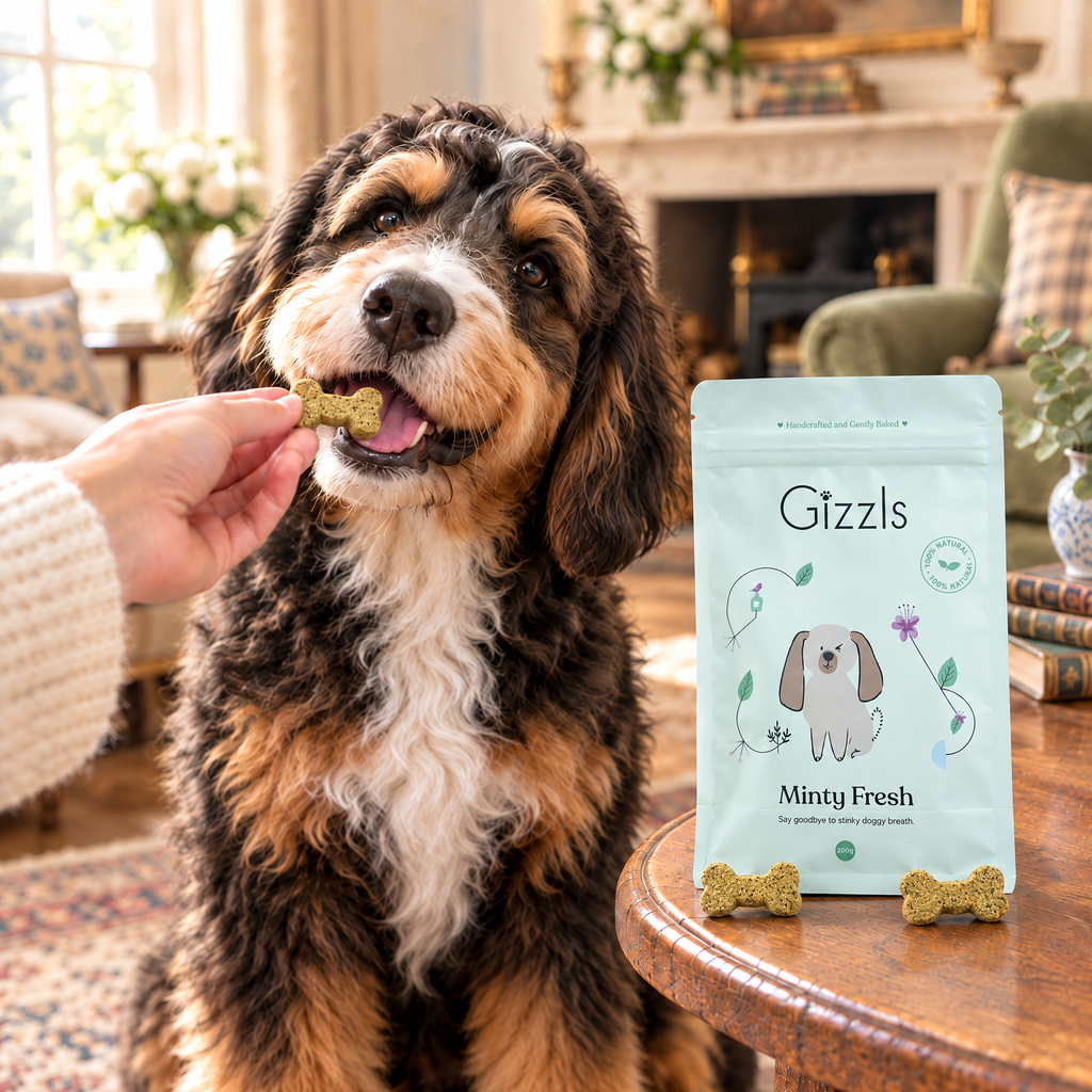 Bernedoodle taking a bone-shaped Minty Fresh treat by Gizzls from its owner's fingers