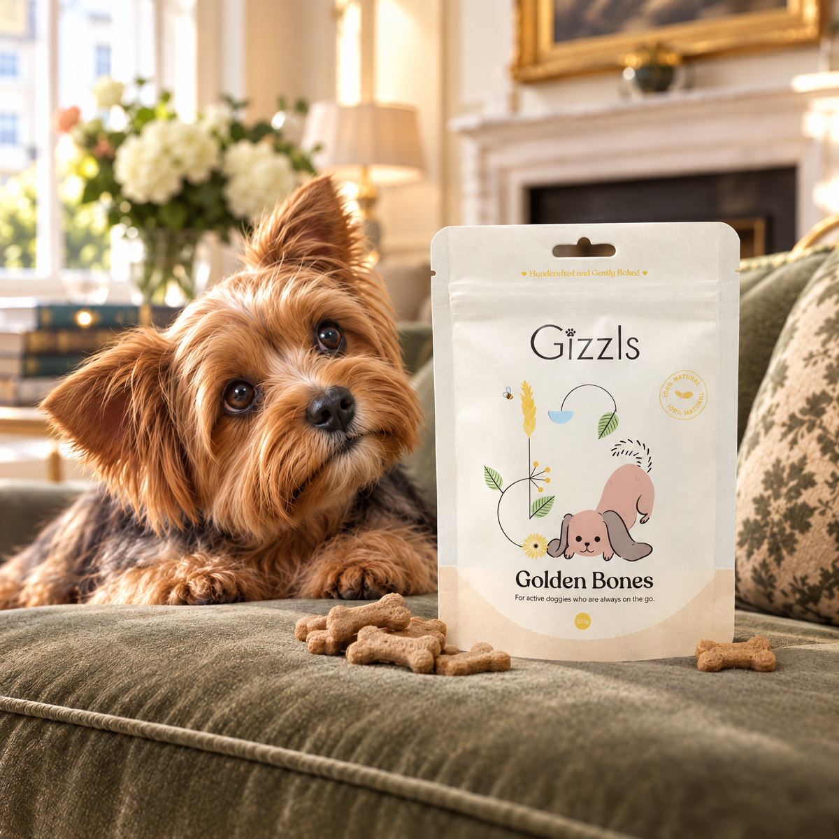 Yorkshire Terrier gazing longingly at a pack of Golden Bones Small Dog Treats by Gizzls