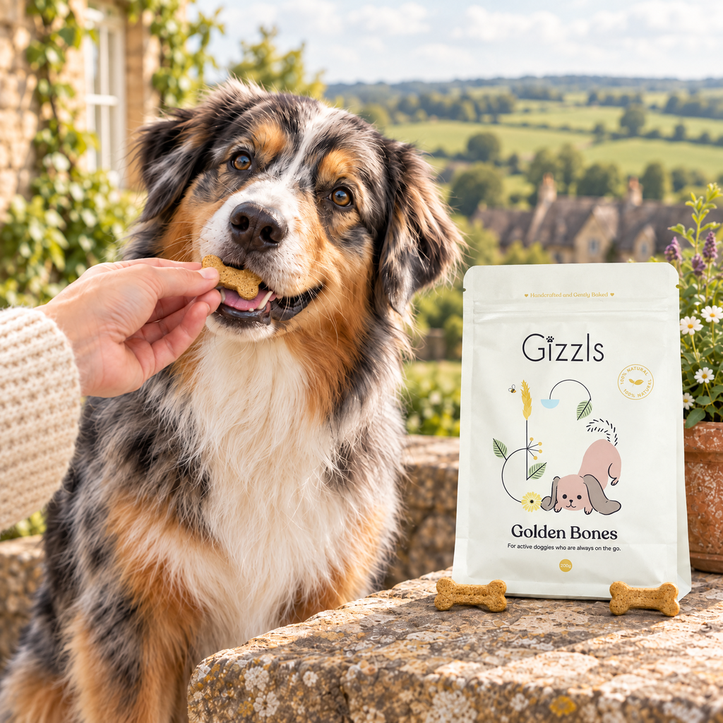 Australian Shepherd taking a bone-shaped Golden Bones treat by Gizzls on a Cotswold terrace
