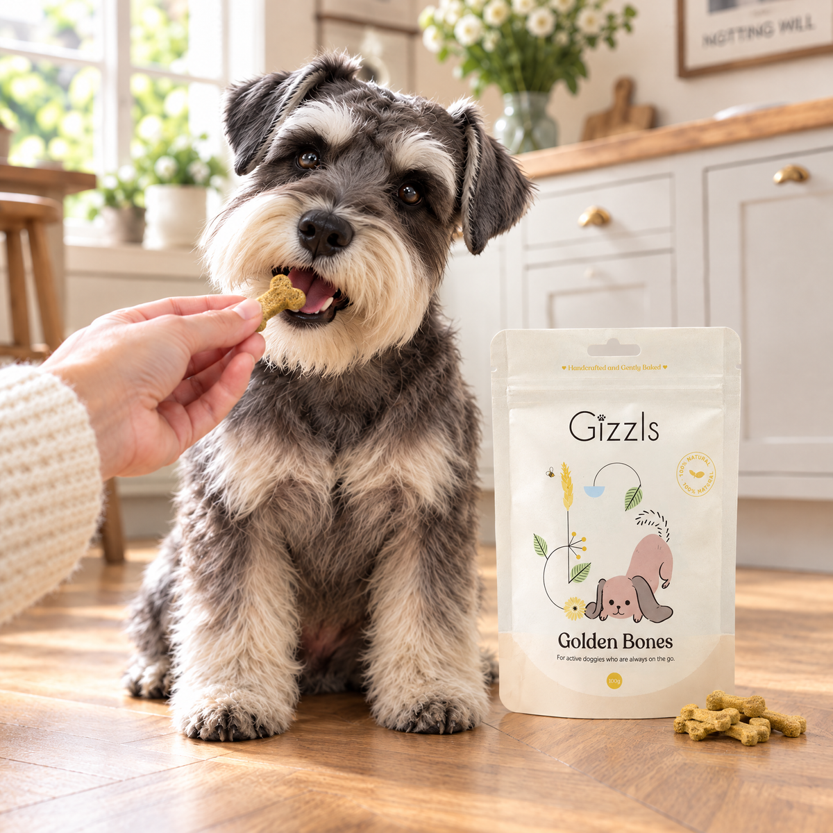Miniature Schnauzer taking a bone-shaped Golden Bones treat by Gizzls from its owner's fingers