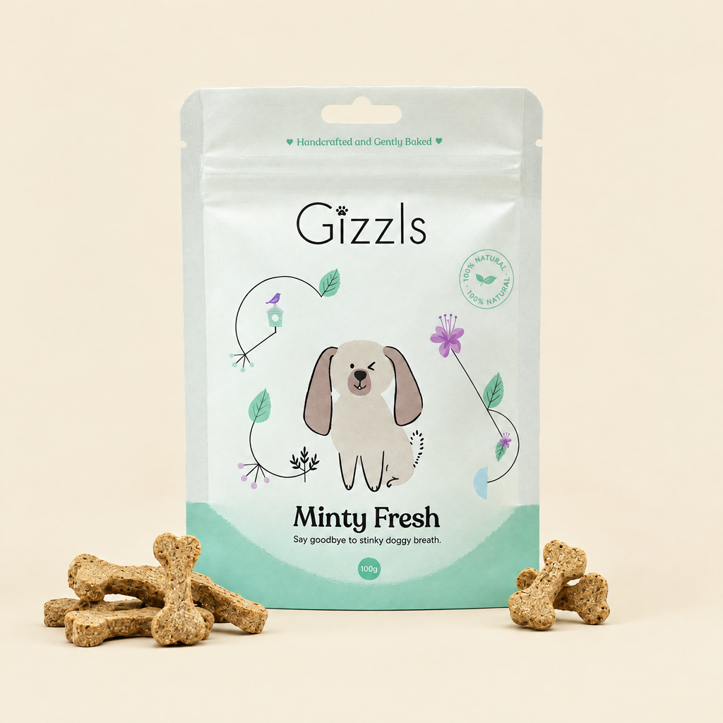 Pack of Minty Fresh Small Dog Treats by Gizzls with bone-shaped treats on a cream background