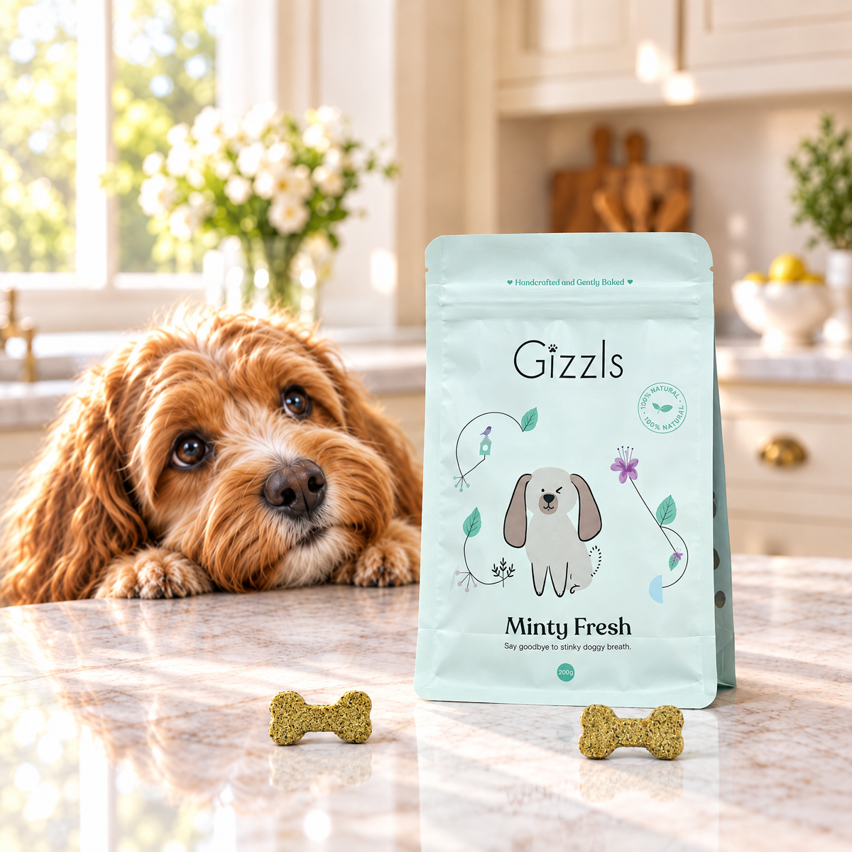 Cockapoo resting its chin on a marble worktop, gazing longingly at a pack of Minty Fresh Big Dog Treats by Gizzls