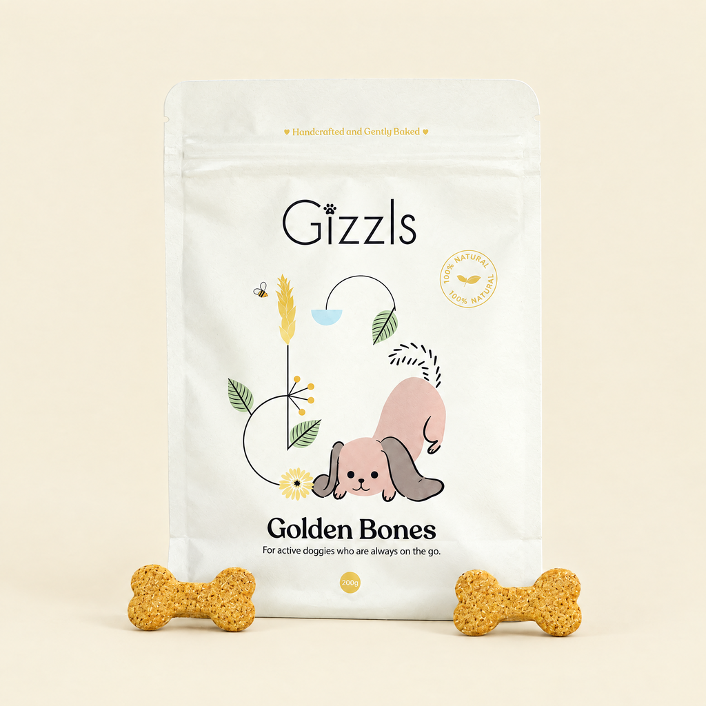 Pack of Golden Bones Big Dog Treats by Gizzls with bone-shaped treats on a cream background