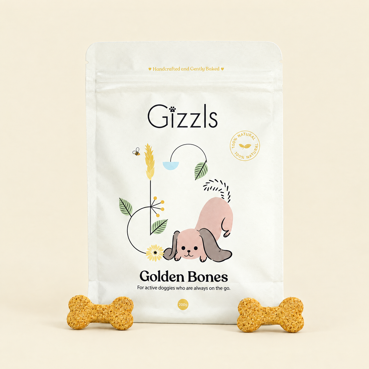 Pack of Golden Bones Big Dog Treats by Gizzls with bone-shaped treats on a cream background