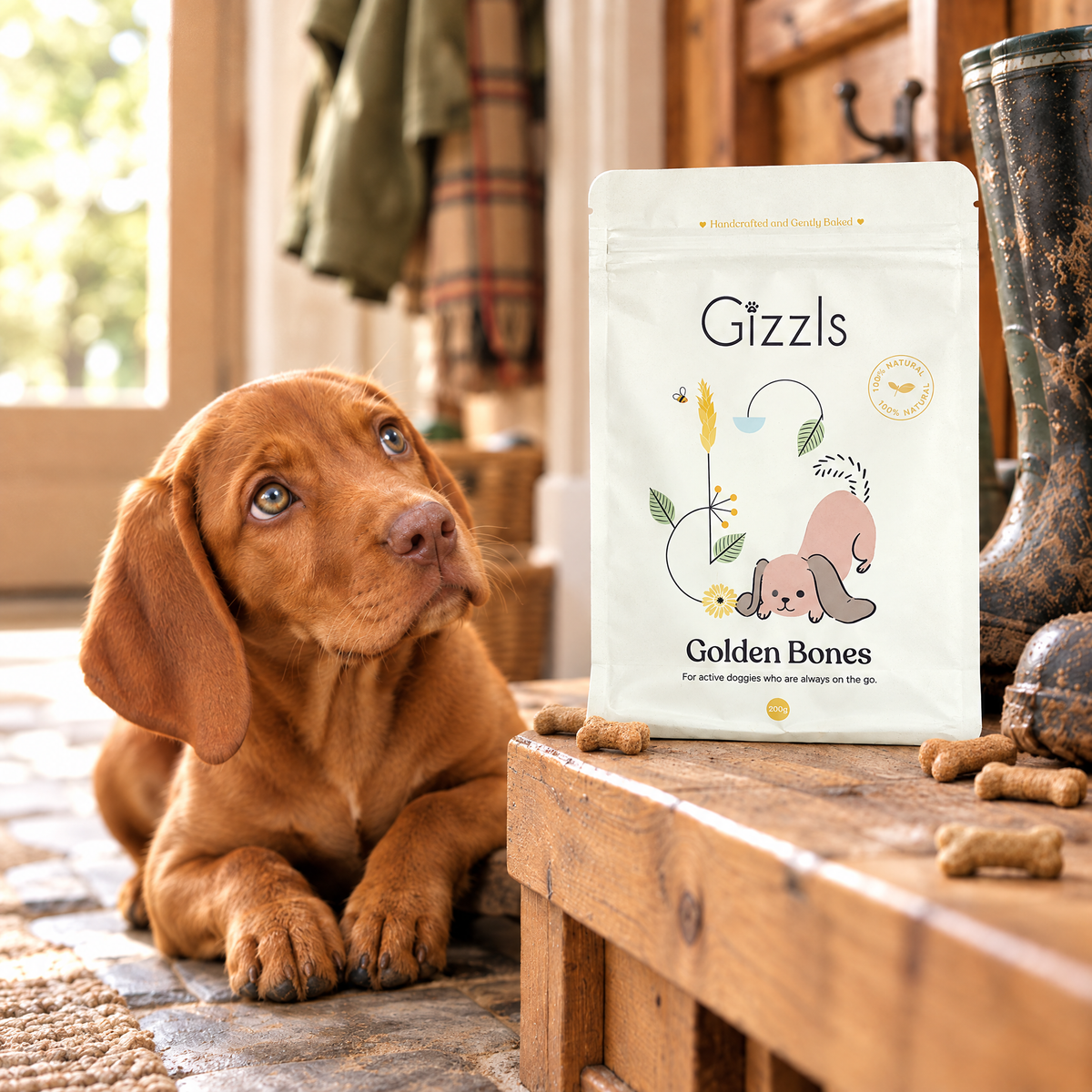 Hungarian Vizsla puppy gazing longingly at a pack of Golden Bones Big Dog Treats by Gizzls