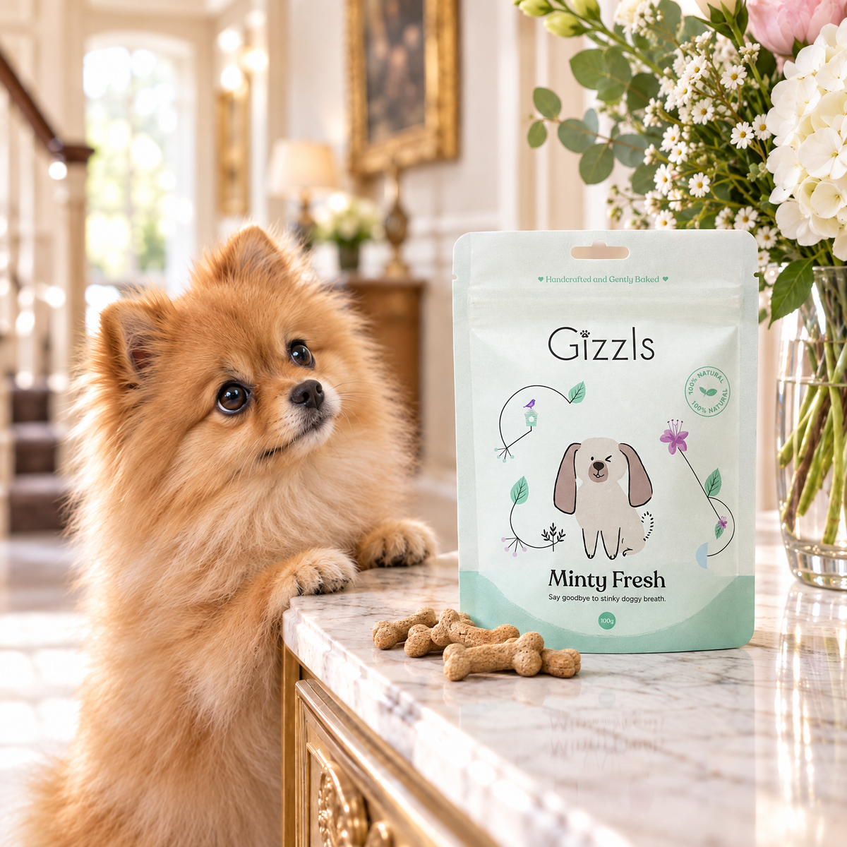 Pomeranian gazing longingly at a pack of Minty Fresh Small Dog Treats by Gizzls