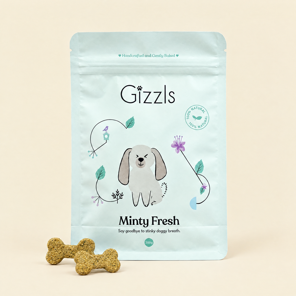 Pack of Minty Fresh Big Dog Treats by Gizzls with bone-shaped treats on a cream background