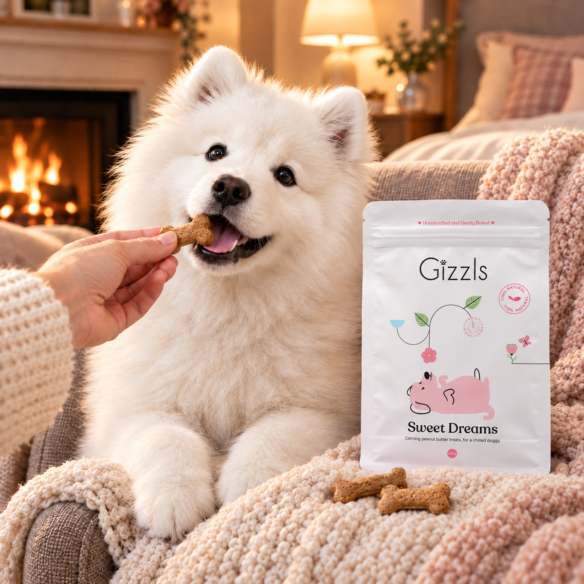Samoyed puppy taking a bone-shaped Sweet Dreams treat by Gizzls by a lamplit fireplace