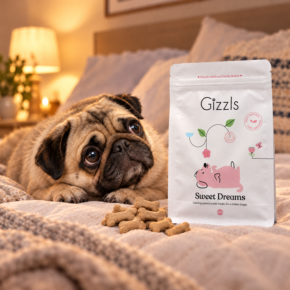 Sleepy Pug gazing longingly at a pack of Sweet Dreams Big Dog Treats by Gizzls