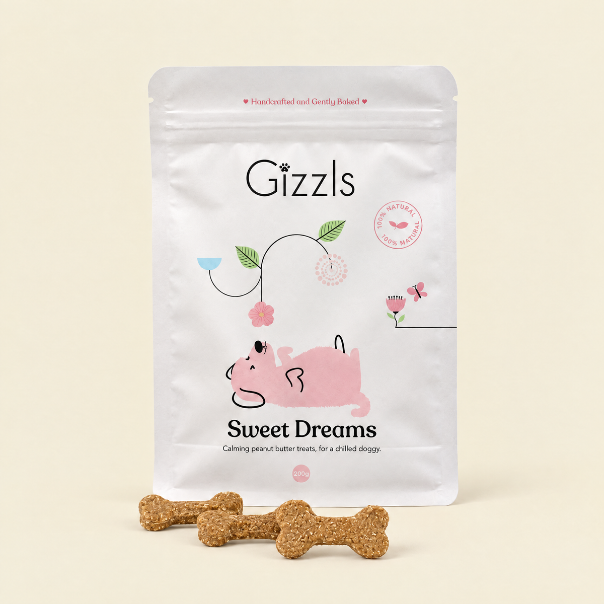 Pack of Sweet Dreams Big Dog Treats by Gizzls with bone-shaped treats on a cream background