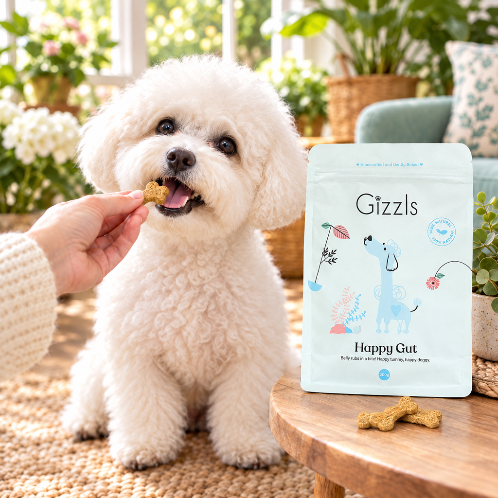 Bichon Frise taking a bone-shaped Happy Gut treat by Gizzls from its owner's fingers