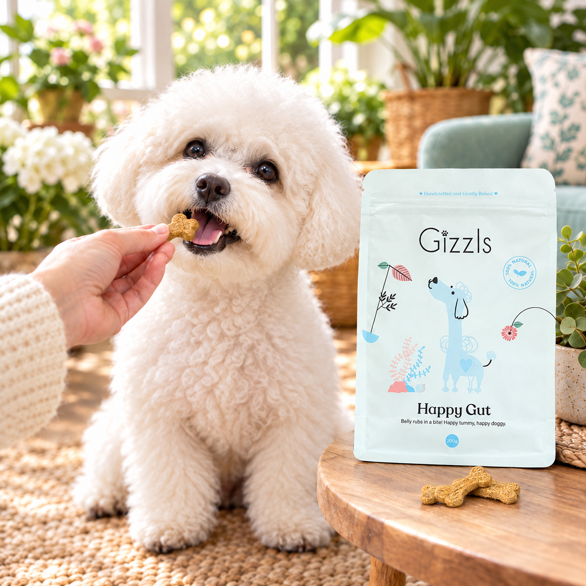Bichon Frise taking a bone-shaped Happy Gut treat by Gizzls from its owner's fingers