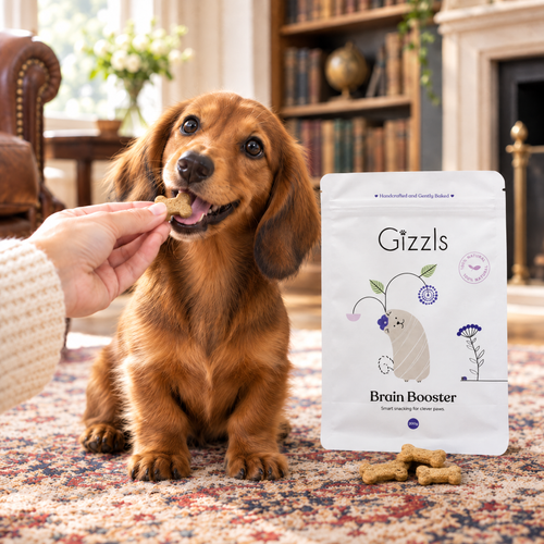 Dachshund taking a bone-shaped Brain Booster treat by Gizzls from its owner's fingers