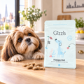 Shih Tzu gazing longingly at a pack of Happy Gut Big Dog Treats by Gizzls