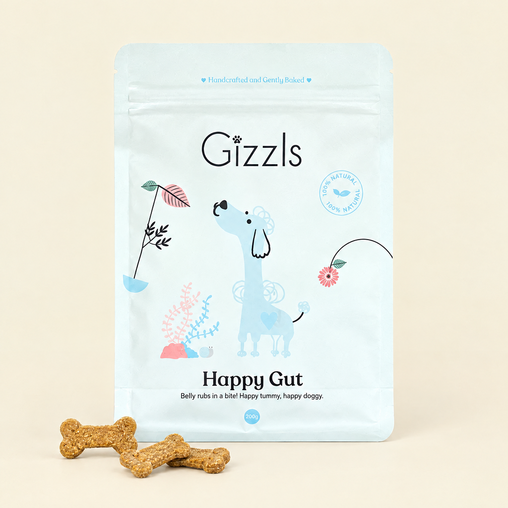 Pack of Happy Gut Big Dog Treats by Gizzls with bone-shaped treats on a cream background