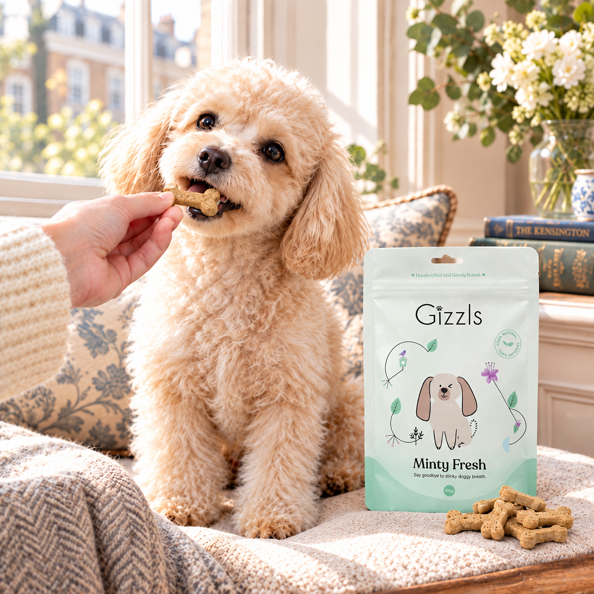 Cream Toy Poodle taking a bone-shaped Minty Fresh treat by Gizzls from its owner's fingers