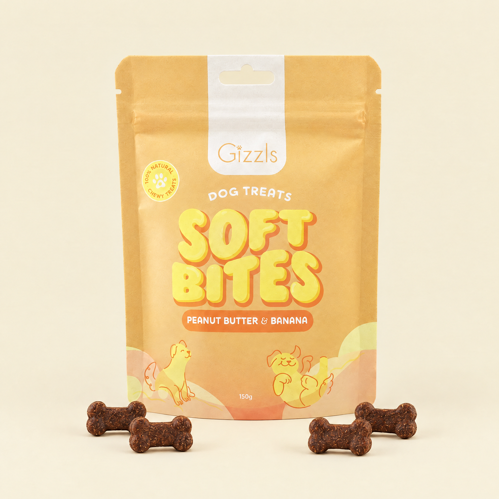 Gizzls Soft Bites Peanut Butter & Banana 150g pack with treats on cream