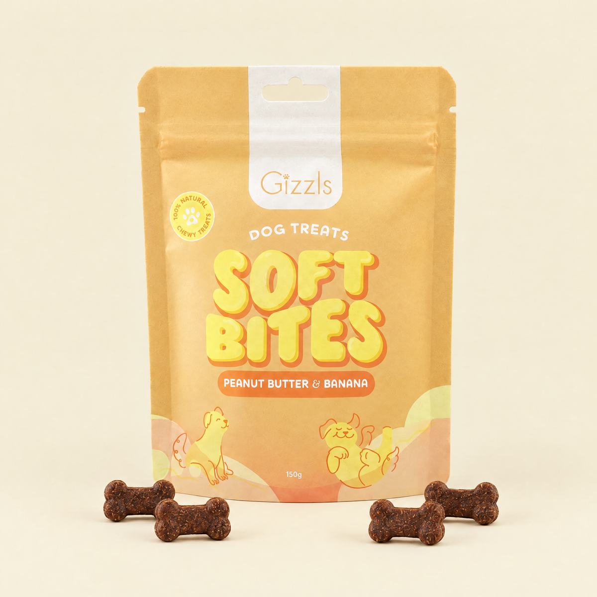 Gizzls Soft Bites Peanut Butter & Banana 150g pack with treats on cream