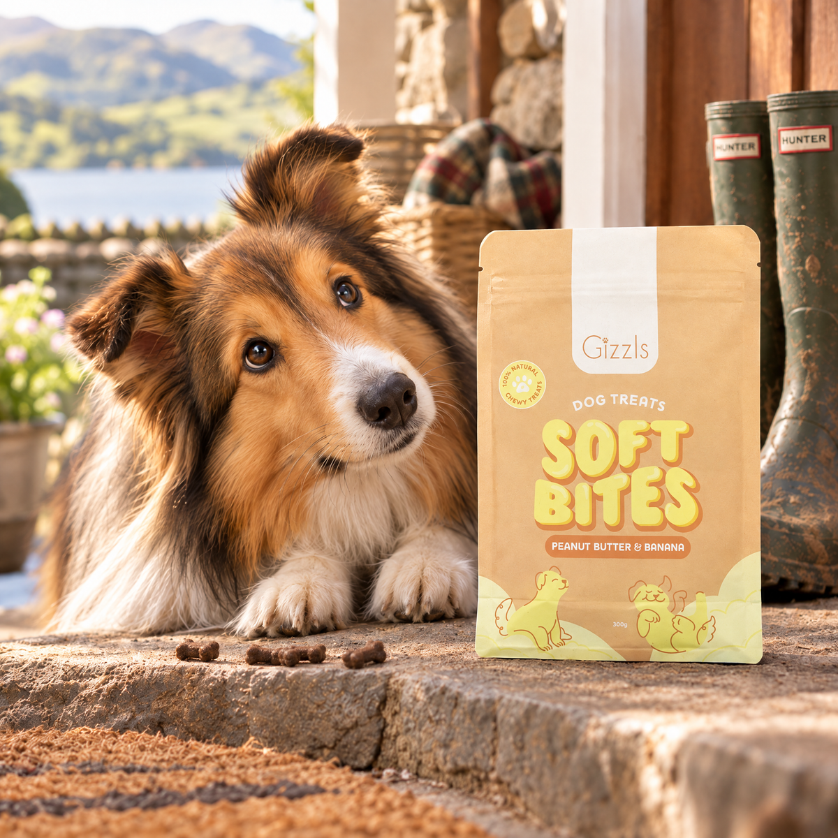 Rough Collie gazing at a pack of Gizzls Soft Bites Peanut Butter & Banana 300g