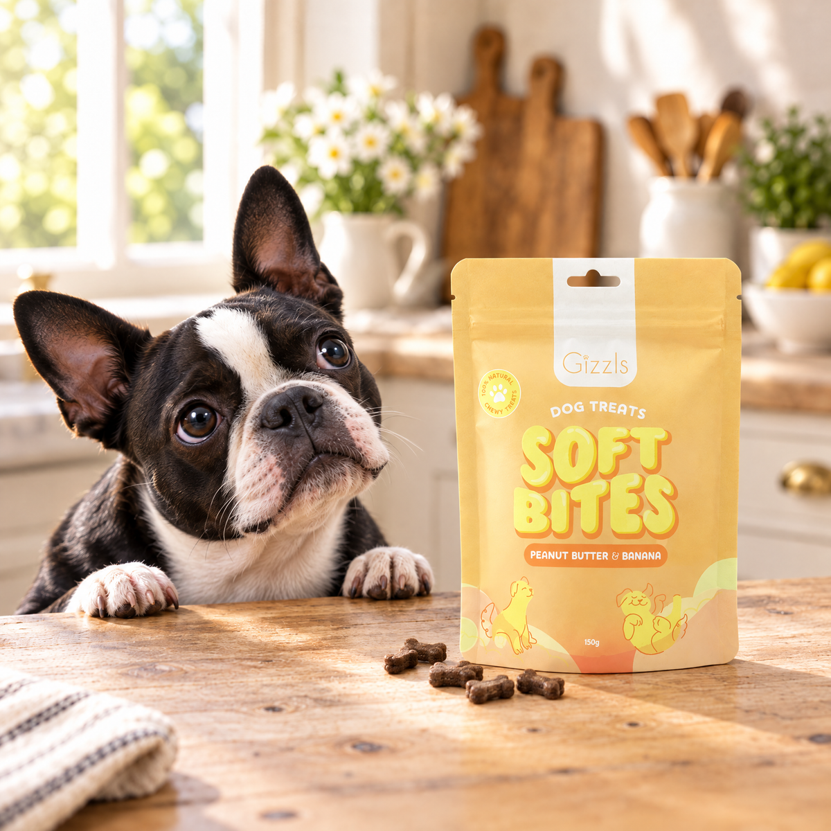 Boston Terrier gazing at a pack of Gizzls Soft Bites Peanut Butter & Banana 150g