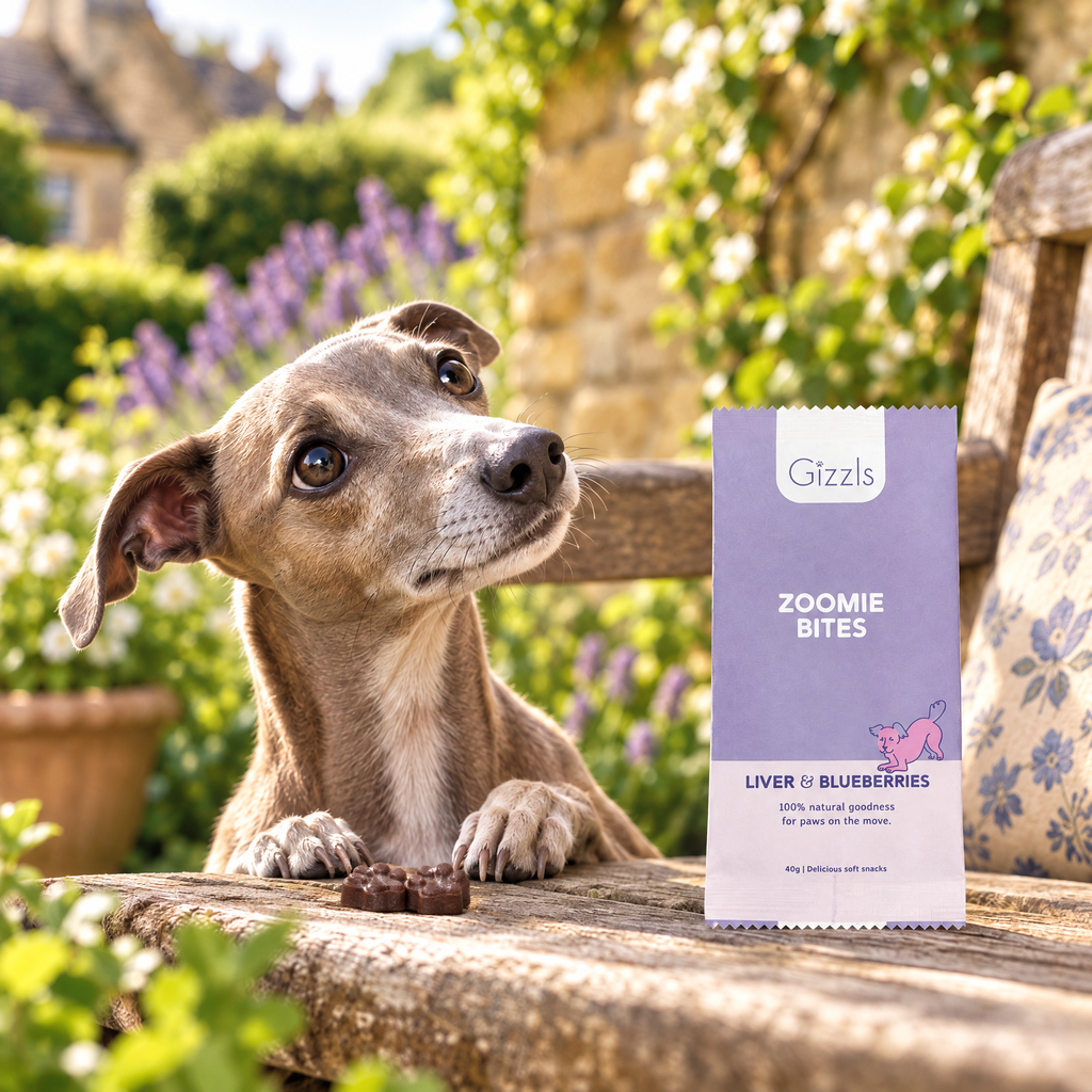 Italian Greyhound gazing at a pack of Gizzls Zoomie Bites Ostrich Liver & Blueberry