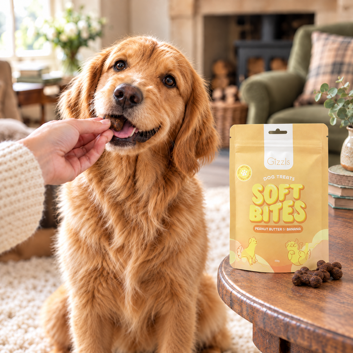 Goldendoodle puppy being fed a Gizzls Soft Bites Peanut Butter & Banana 150g treat
