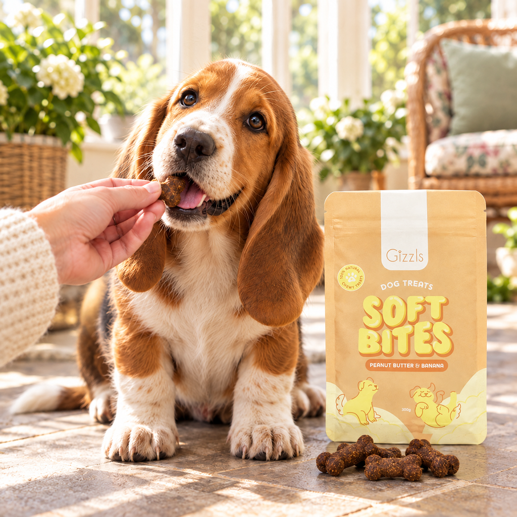 Basset Hound puppy being fed a Gizzls Soft Bites Peanut Butter & Banana 300g treat
