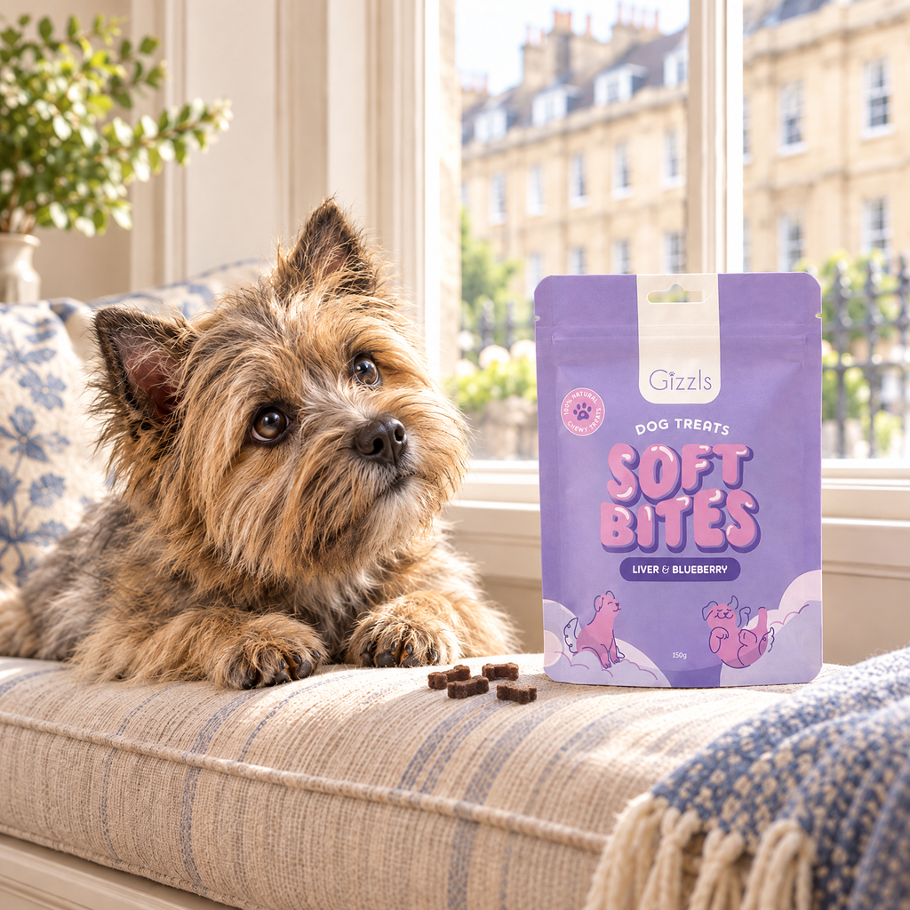 Cairn Terrier gazing at a pack of Gizzls Soft Bites Ostrich Liver & Blueberry 150g