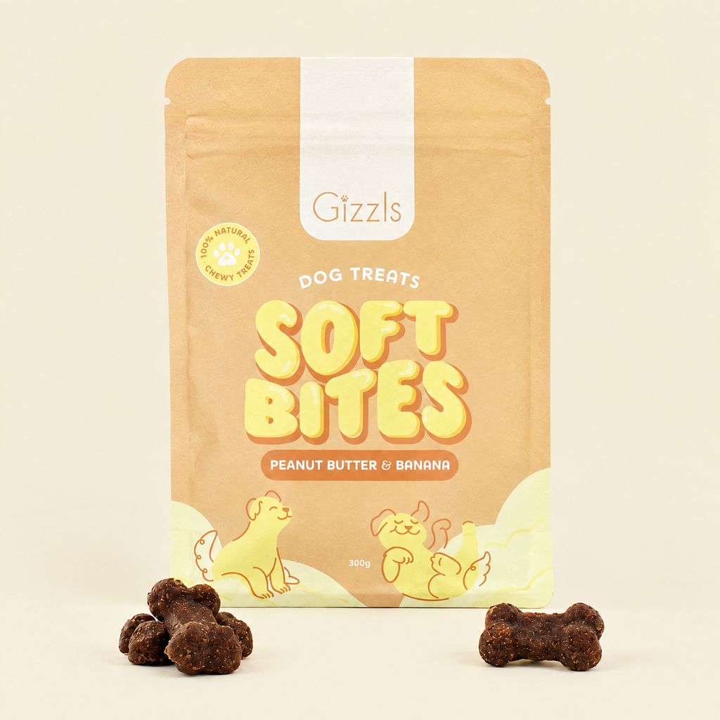 Gizzls Soft Bites Peanut Butter & Banana 300g pack with treats on cream