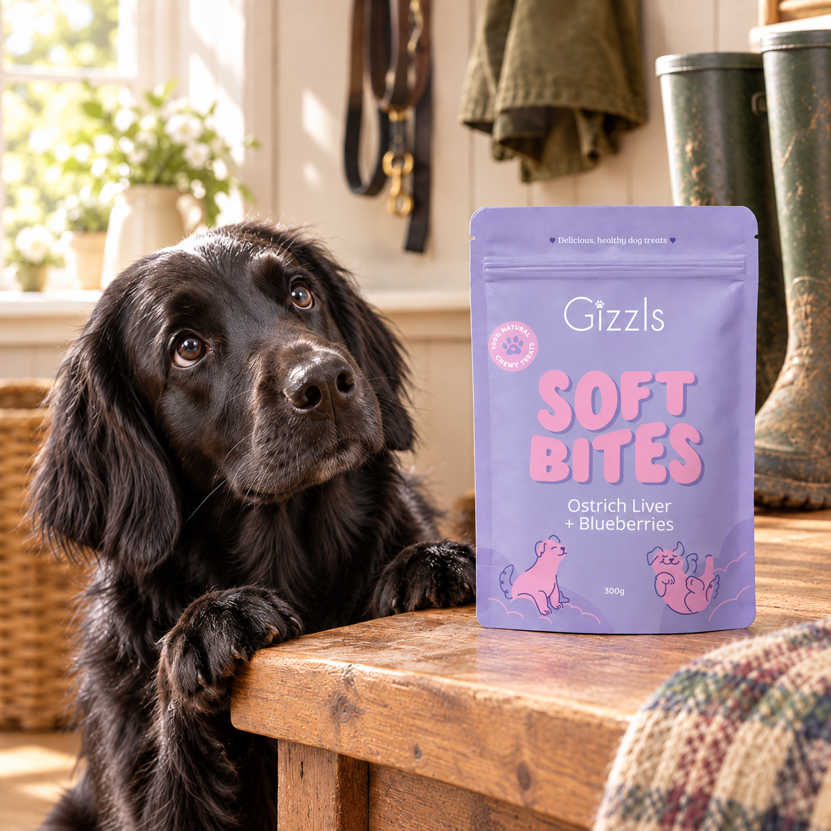 Flat-coated Retriever gazing at a pack of Gizzls Soft Bites Ostrich Liver & Blueberry 300g