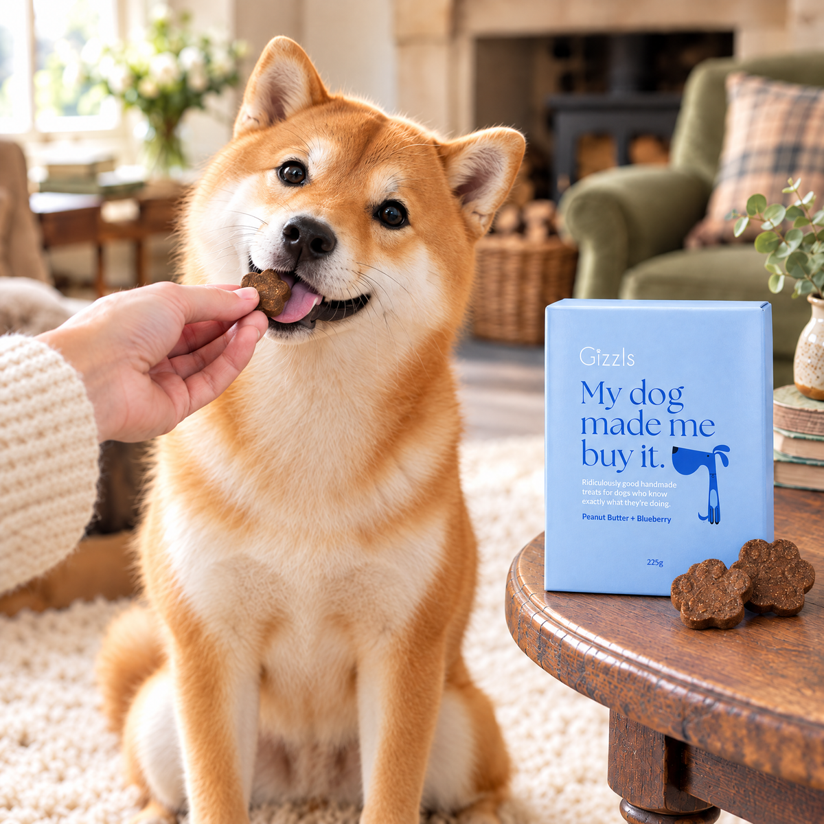 Shiba Inu being fed a Gizzls My Dog Made Me Buy It Peanut Butter & Blueberry treat