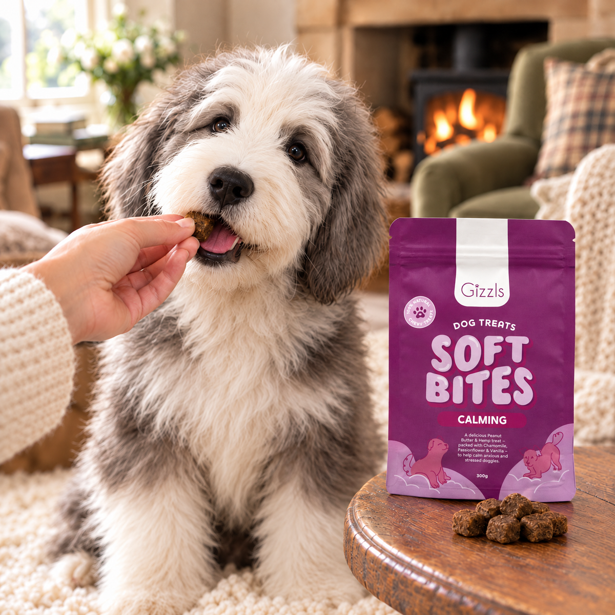 Old English Sheepdog puppy being fed a Gizzls Calming Soft Bites 300g treat