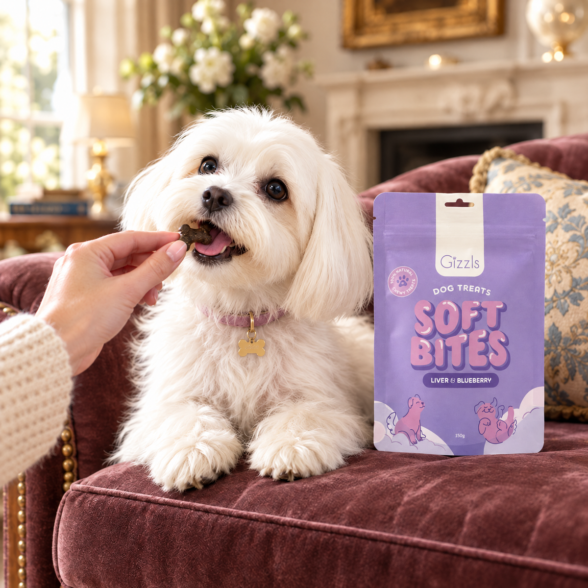 Maltese being fed a Gizzls Soft Bites Ostrich Liver & Blueberry 150g treat