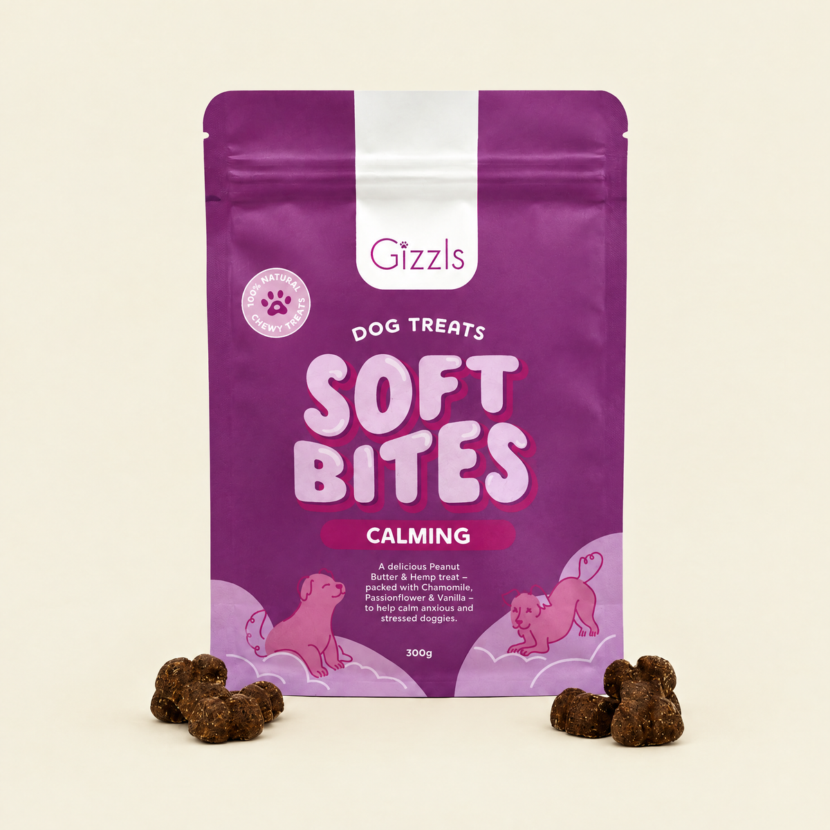 Gizzls Calming Soft Bites 300g pack with treats on cream