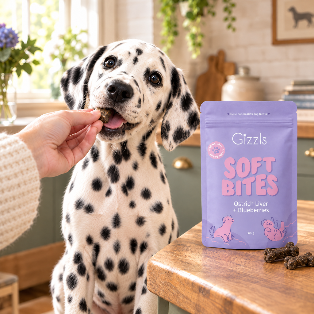 Dalmatian puppy being fed a Gizzls Soft Bites Ostrich Liver & Blueberry 300g treat