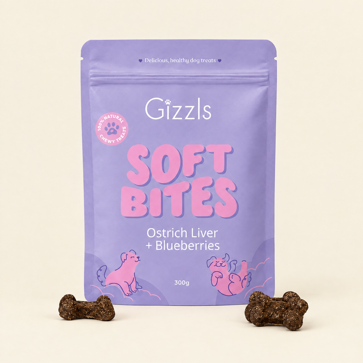 Gizzls Soft Bites Ostrich Liver & Blueberry 300g pack with treats on cream