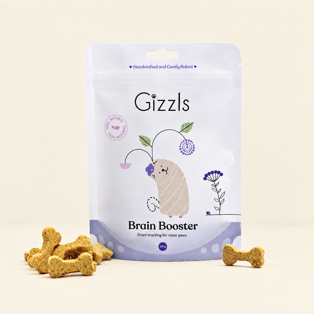 Gizzls Brain Booster Small Dog Treats pack with treats on cream