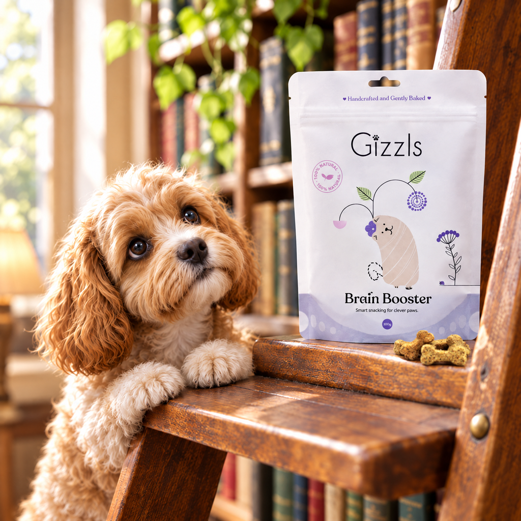 Cavachon puppy gazing at a pack of Gizzls Brain Booster Small Dog Treats