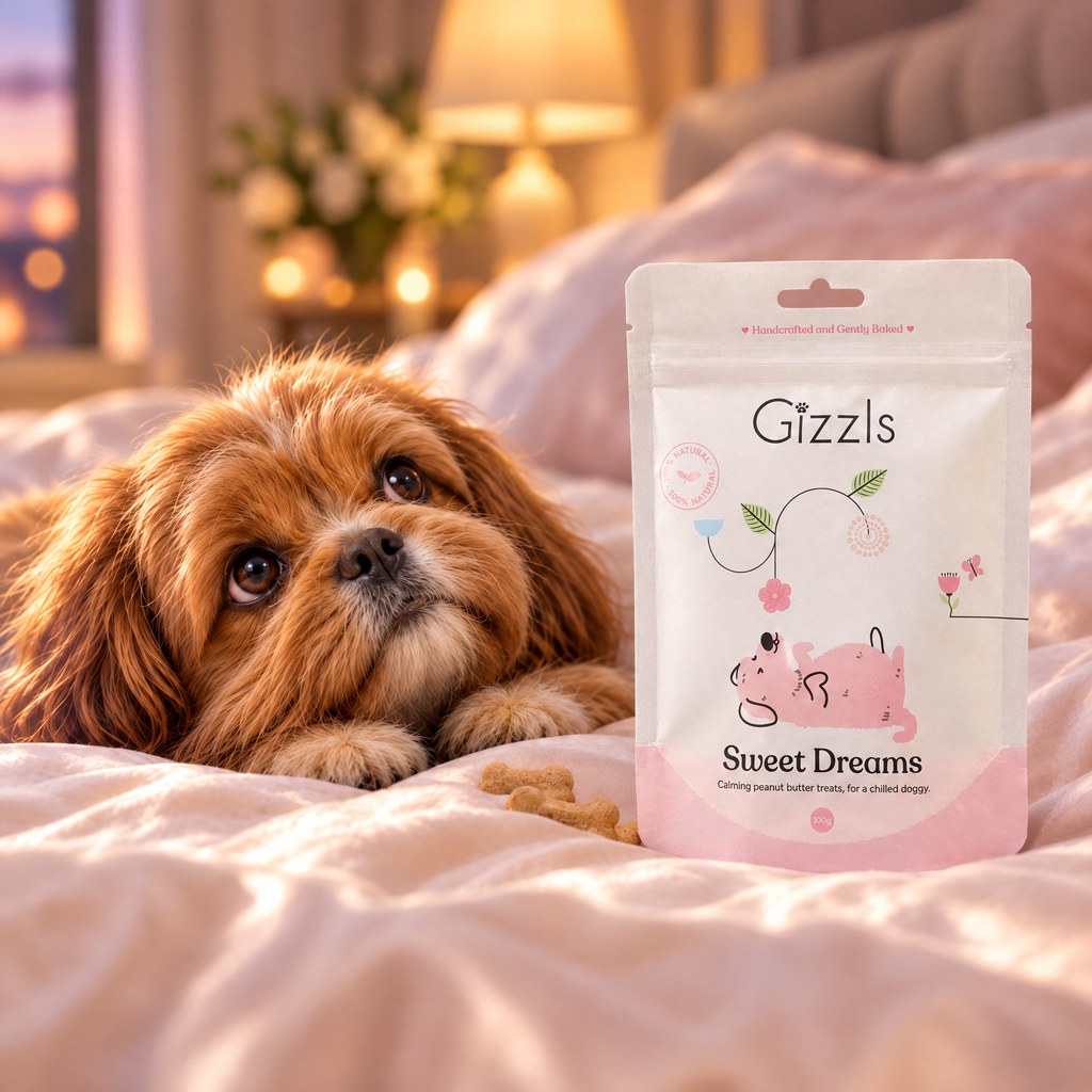 Pekingese gazing at a pack of Gizzls Sweet Dreams Small Dog Treats