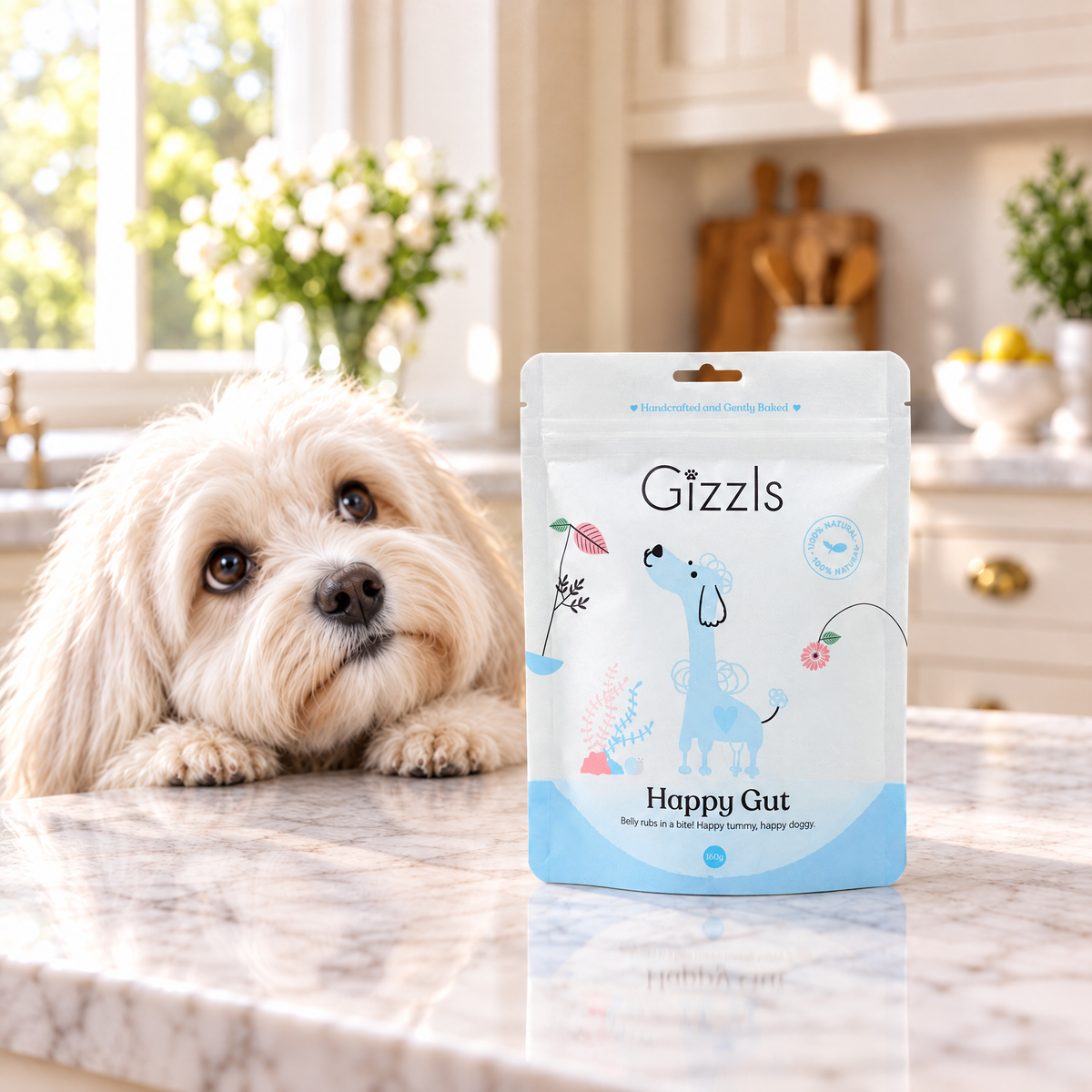 Coton de Tulear gazing at a pack of Gizzls Happy Gut Small Dog Treats