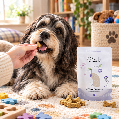 Tibetan Terrier being fed a Gizzls Brain Booster Small Dog Treats treat